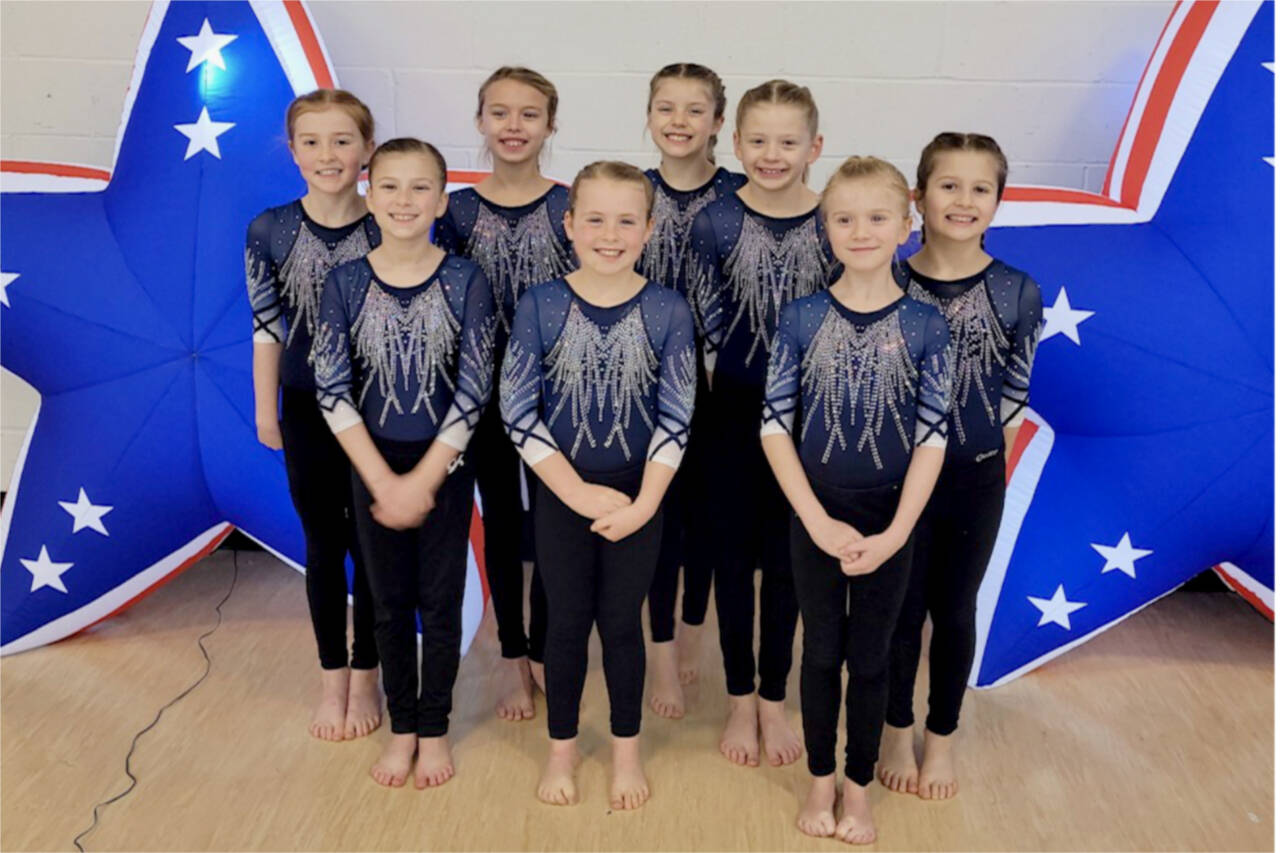 The Klahhane Xcel Bronze team that finished second at the Freedom Invite. From left, Penny Goodwin, Addie Brown, Adrie McGuire, Reagan Haguewood, Kinley Matthews, Sasha Gmazel and Nora Pecoraro. (Klahhane Gymnastics)