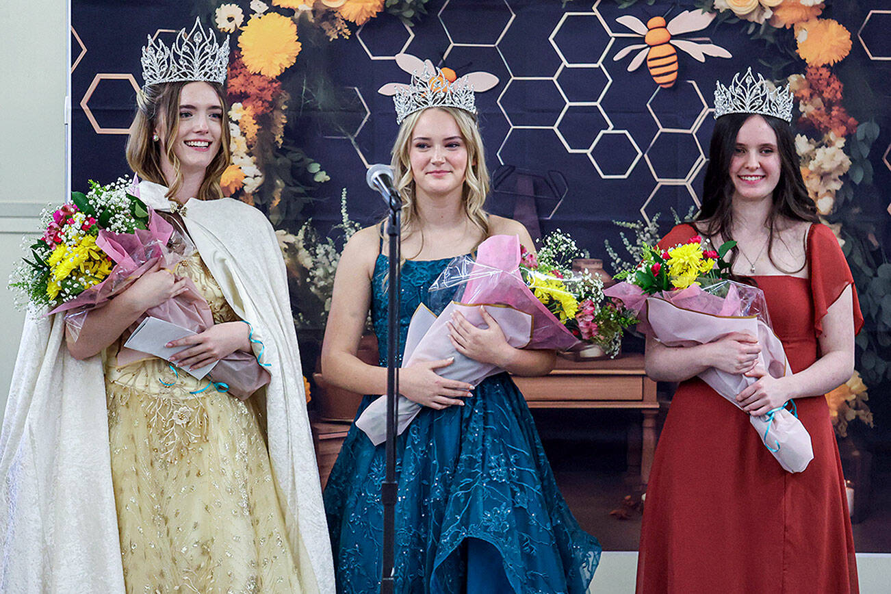 From left to right, Queen Aliya Gillett and princesses Keira Headrick and Julianna Getzin will represent the Clallam County Fair at various festivals, parades, Joyce Daze and the Duck Derby. (Clallam County Fair)
