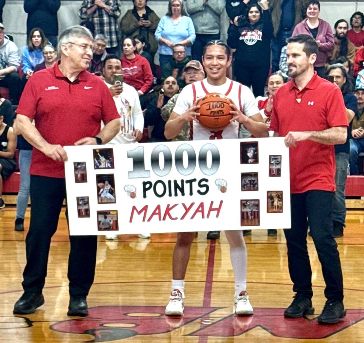 Neah Bay’s Makyah Chambers was honored Friday night for scoring his 1,000th point for the Red Devils. (Courtesy of Neah Bay basketball)