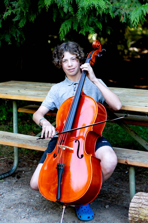 Cellist Sky Gelder, pictured in summer 2023, is an Olympic Strings Workshop alumnus. (Dewi Sprague)