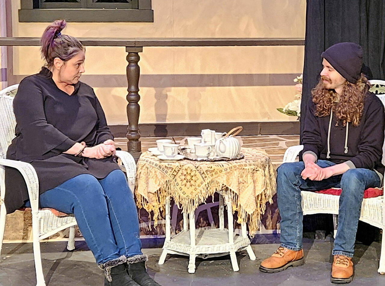 Anna Andersen, left, and Sean McDaniel, both of Port Angeles, rehearse for “Enchanted April,” a Port Angeles Community Players production that will be on stage through March 9.