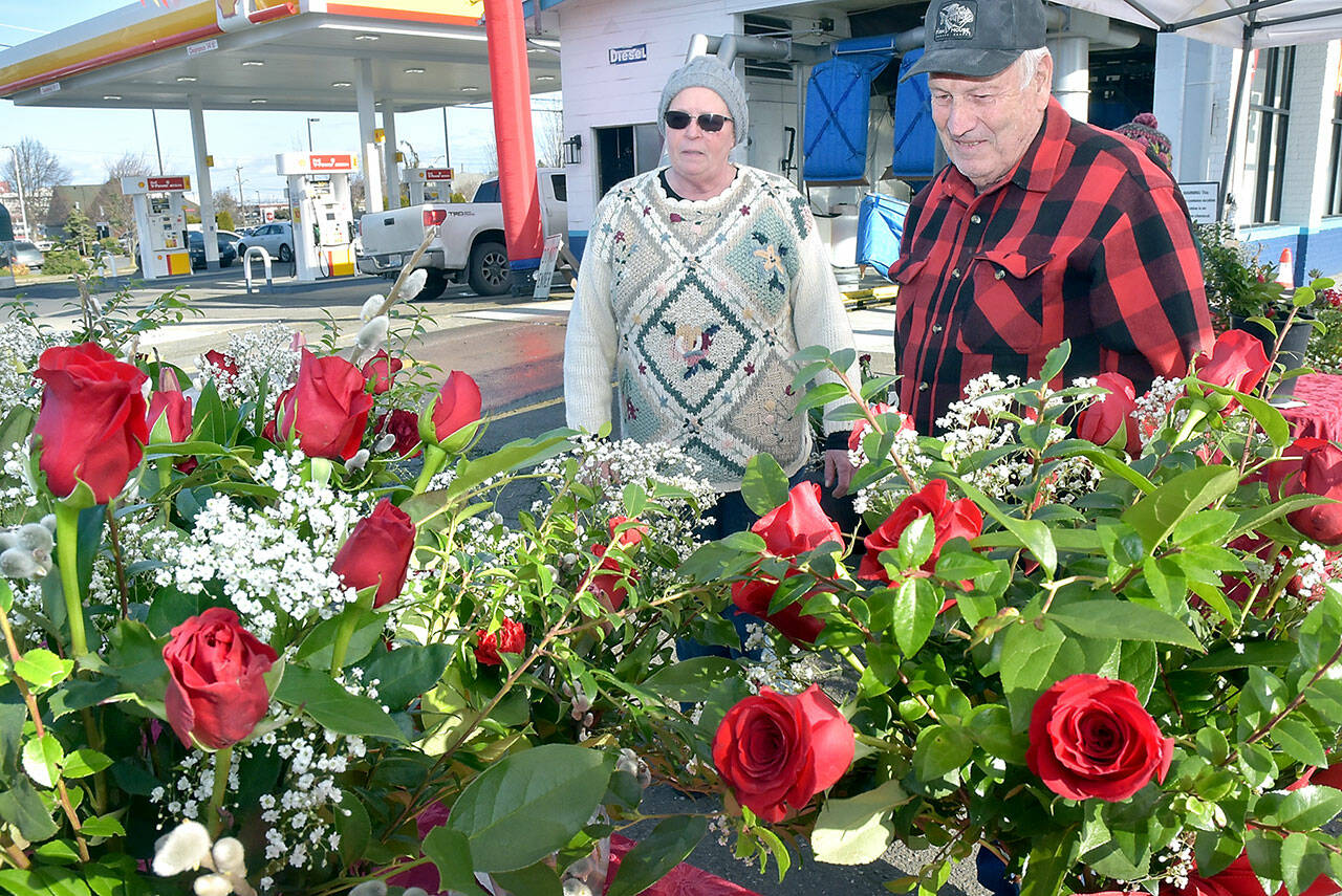Fred Rix of Port Angeles, right, looks over floral arrangements with Ann O’Neill, an employee of Angel Crest Gardens of Port Angeles at a temporary stand at First and Race streets in Port Angeles on Valentine’s Day. Rix said he wanted roses for his wife, Wendy Rix, for their 55th wedding anniversary. (Keith Thorpe/Peninsula Daily News)