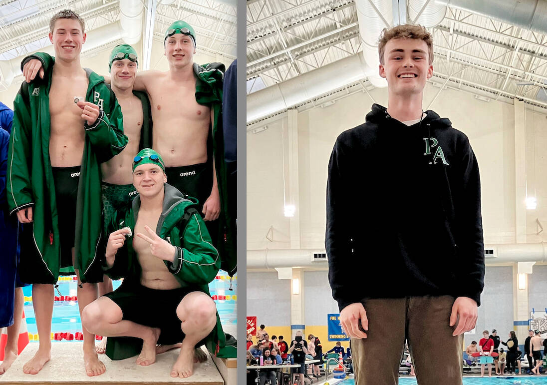 Left, the Port Angeles boys 200 freestyle relay team came in second at the West Central District III championships this weekend. Clockwise from top left are Finn Thompson, Patrick Ross, Miles Van Denburg and Thomas Jones. At right, Port Angeles’ Grant Butterworth won the West Central District III diving championship this weekend. (Port Angeles Swim Team)