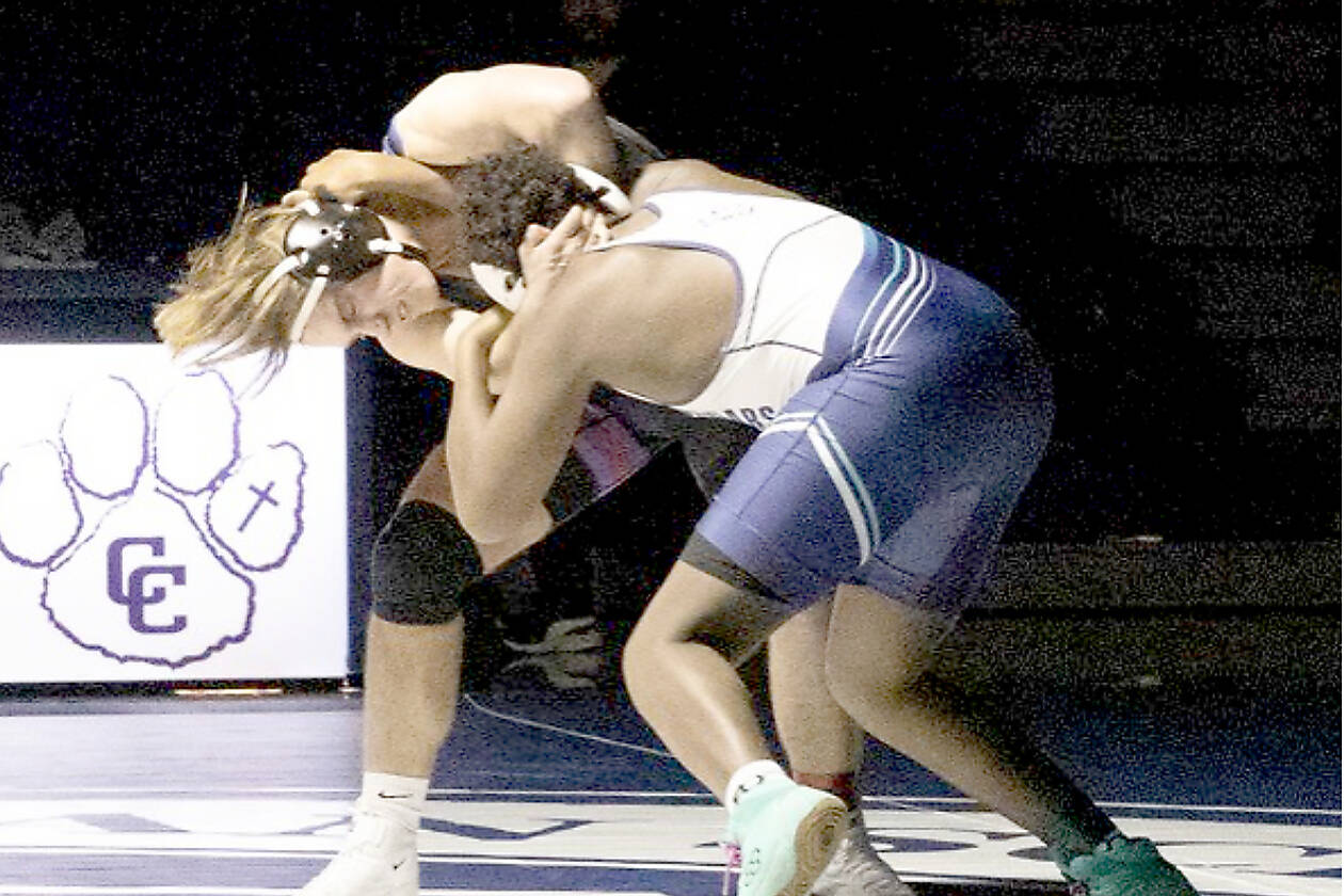 Courtesy of Stephen Grimm
East Jefferson's Rylen Kruse, left, here wrestling against Cascade Christian is one of four East Jefferson wrestlers with outstanding won-loss records looking to place at the Mat Classic this weekend.