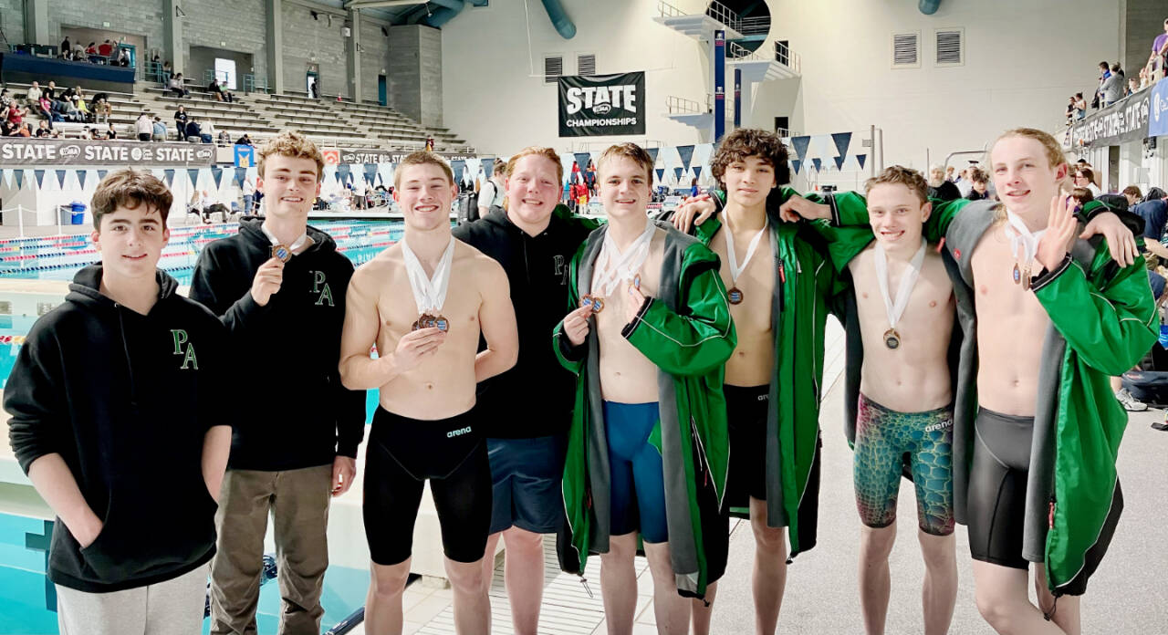 The Port Angeles boys swim team finished sixth at state, the team’s highest finish in more than a decade. From left, are, Liam Nicholson, Grant Butterworth, Finn Thompson, Jack Root, Thomas Jones, Nolan Medgin, Patrick Ross and Miles Van Denburg. (Courtesy of Sally Cole)