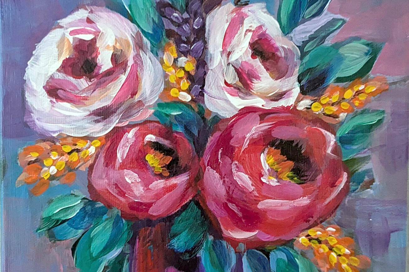 “Cut Flowers,” an acrylic painting by Mary Rodgers, will be on display at the Port Ludlow Art League throughout March.