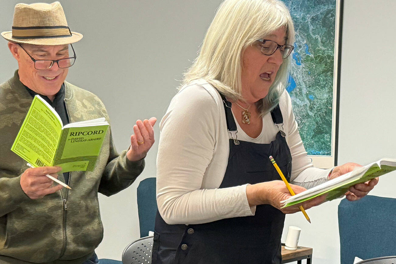 Don White and Melissa Denny rehearse for the Ludlow Village Players’ reading of “Ripcord” on Friday and Saturday.