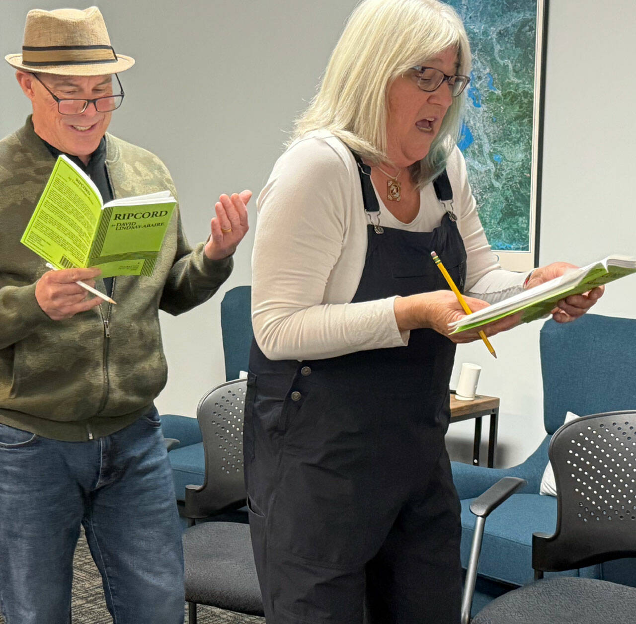 Don White and Melissa Denny rehearse for the Ludlow Village Players’ reading of “Ripcord” on Friday and Saturday.