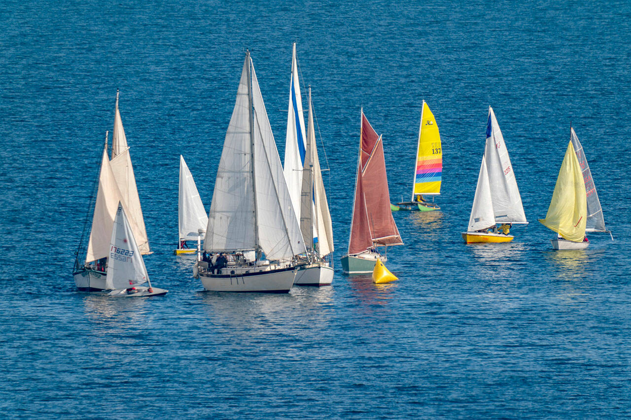 Sailboats jam up going around the first mark during a race on Port Townsend Bay on Saturday. After being delayed a week due to stormy weather, 30 boats took to the calmer waters of Port Townsend Bay for the 34th Shipwrights’ Regatta hosted by the Port Townsend Sailing Association. (Steve Mullensky/for Peninsula Daily News)