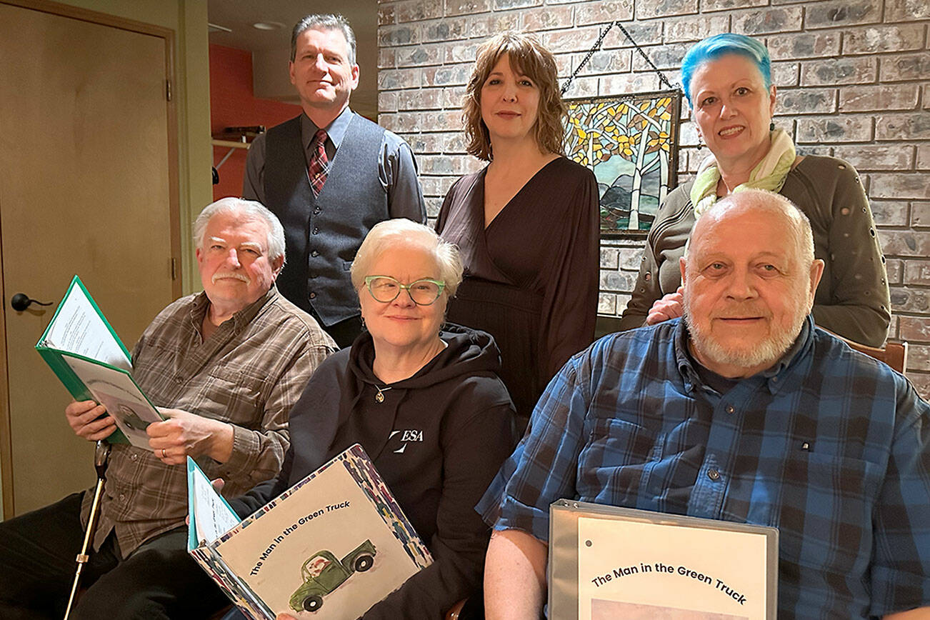Cast members, top row from left, Rick Mischke, Rebecca Gilbert, Mary Kaye O’Brien and, in front, from left, Rich Hendricksen, Susan Bjork and Steve Henrickson, at a rehearsal for “The Man in the Green Truck.”