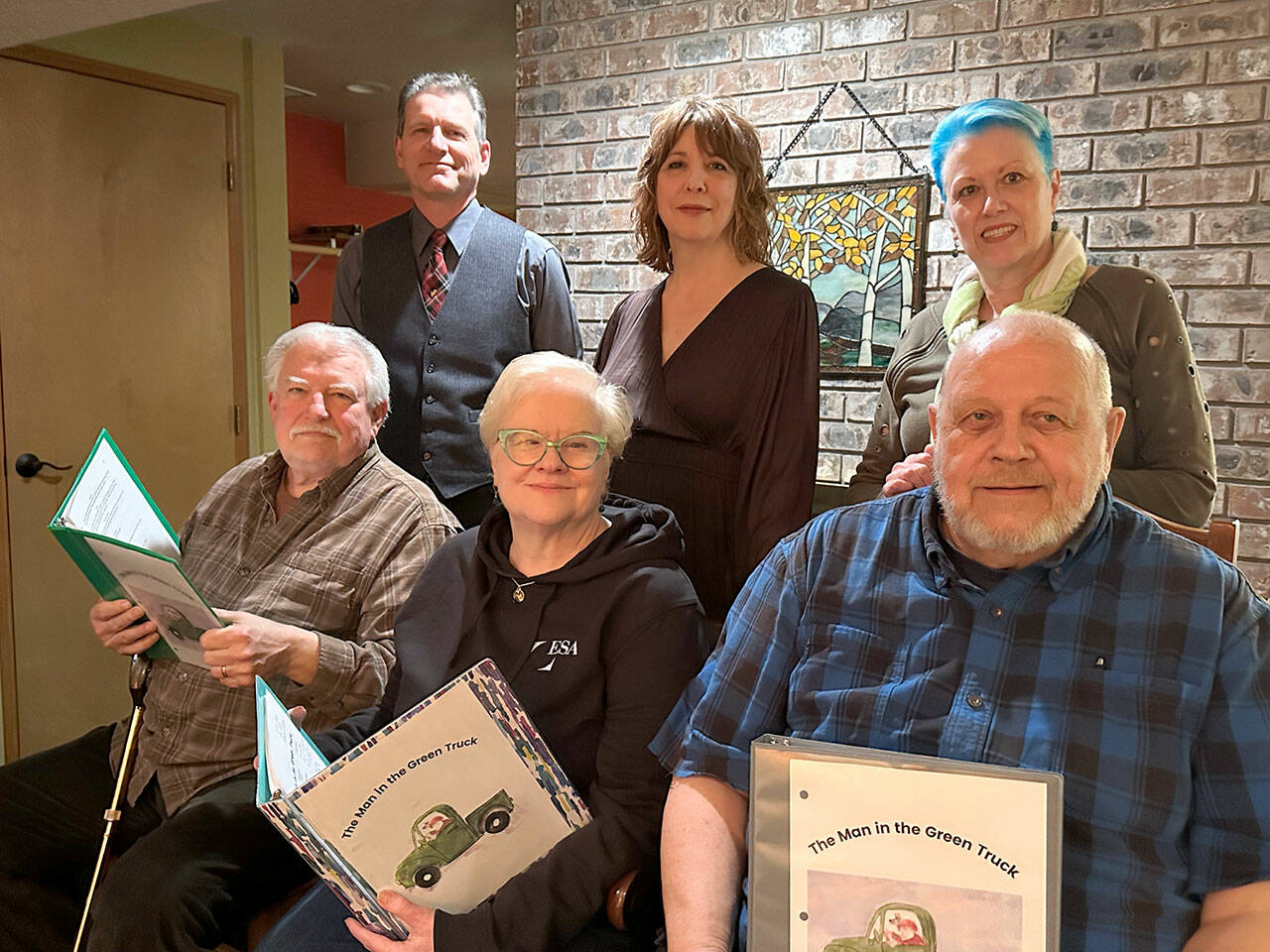 Cast members, top row from left, Rick Mischke, Rebecca Gilbert, Mary Kaye O’Brien and, in front, from left, Rich Hendricksen, Susan Bjork and Steve Henrickson, at a rehearsal for “The Man in the Green Truck.”