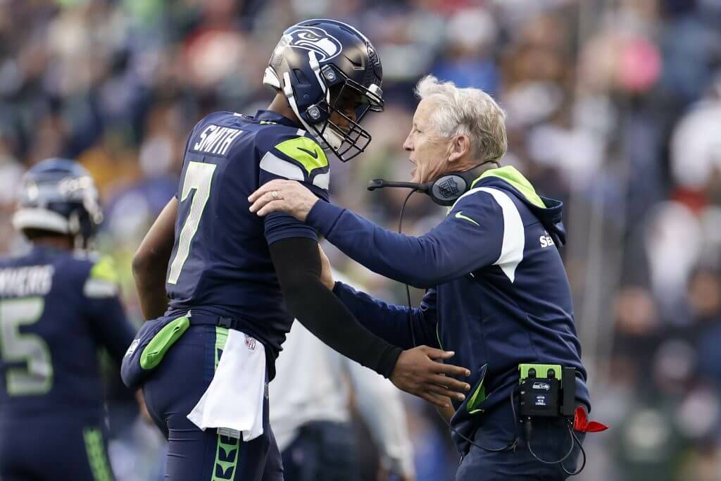 Geno Smith will be reunited with former Seattle Seahawks coach Pete Carroll in Las Vegas for the Raiders. (Steph Chambers/Getty Images)