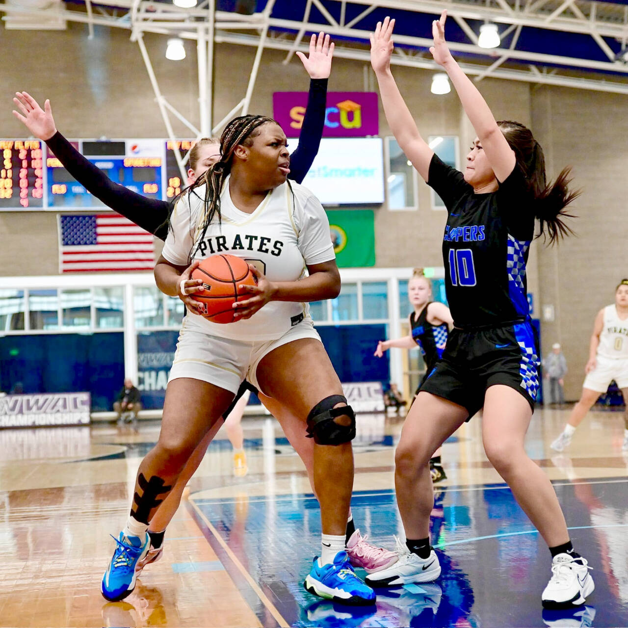 Alecsis Smith has been an inside force off the bench for the Peninsula College women’s basketball team, averaging 11.5 points and 11 rebounds a game in the first two games of the NWAC Tournament. (Jay Cline/Peninsula College)