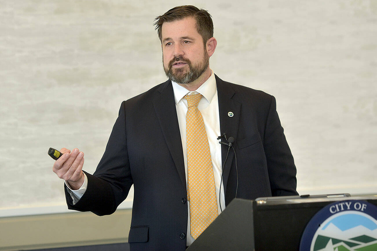 Port Angeles City Manager Nathan West gives his annual presentation on the state of the city on Wednesday to the Greater Port Angeles Chamber of Commerce at the Red Lion Hotel. (Keith Thorpe/Peninsula Daily News)