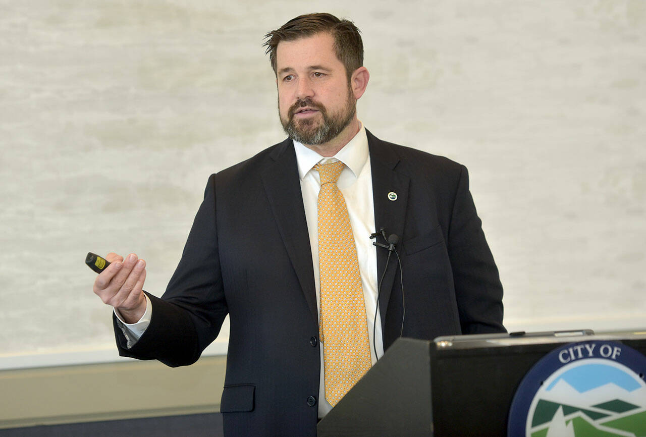 Port Angeles City Manager Nathan West gives his annual presentation on the state of the city on Wednesday to the Greater Port Angeles Chamber of Commerce at the Red Lion Hotel. (Keith Thorpe/Peninsula Daily News)
