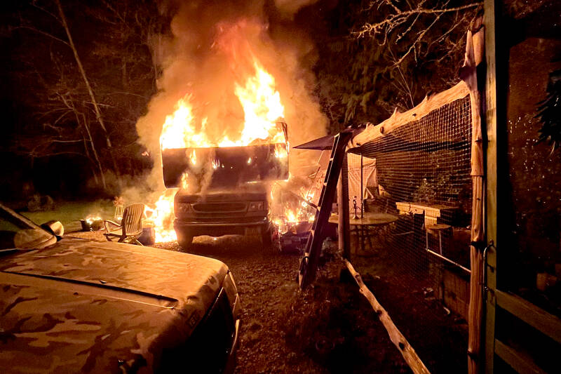 Firefighters from East Jefferson Fire Rescue extinguished an RV fire early Monday morning on Marrowstone Island. (East Jefferson Fire Rescue)