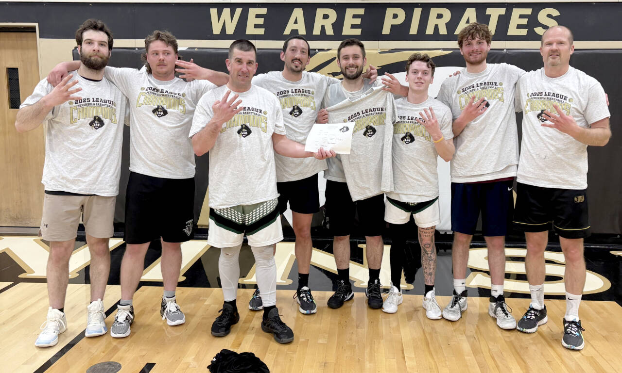 For the fourth straight year, the 7 Cedars Casino men’s basketball team won the Peninsula Basketball League championship, sweeping through the season-ending playoff bracket on Monday night. The team includes from left, Garrett Edwards, Easton Joslin, Kasey Ulin, Daniel Horton, Kyle Benedict, Dru Clark, Wyatt Dunning and Jim Halberg. (Peninsula College)