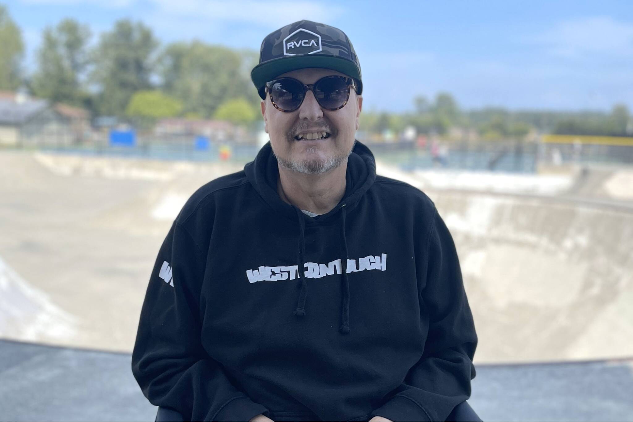 Mark Simpson, seen in July 2023, led fundraisers starting in 2016 to expand and remodel the Sequim Skate Park. He also advocated for skater safety and building a better community and inclusivity, according to family and friends. He died in April 2024, and in his honor, Sequim City Council members named the park after him using his skater name the “MarkeMark Simpson Skatepark.” (Matthew Nash/Olympic Peninsula News Group file)