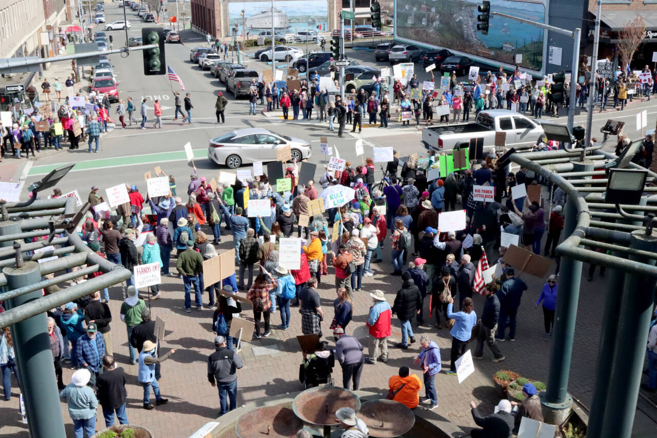 A portion of the crowd at the Hands Off rally, which started at the intersection of Laurel and First Street. An estimated 800 to 1,000 people attended in Port Angeles. (Dave Logan/For Peninsula Daily News)
