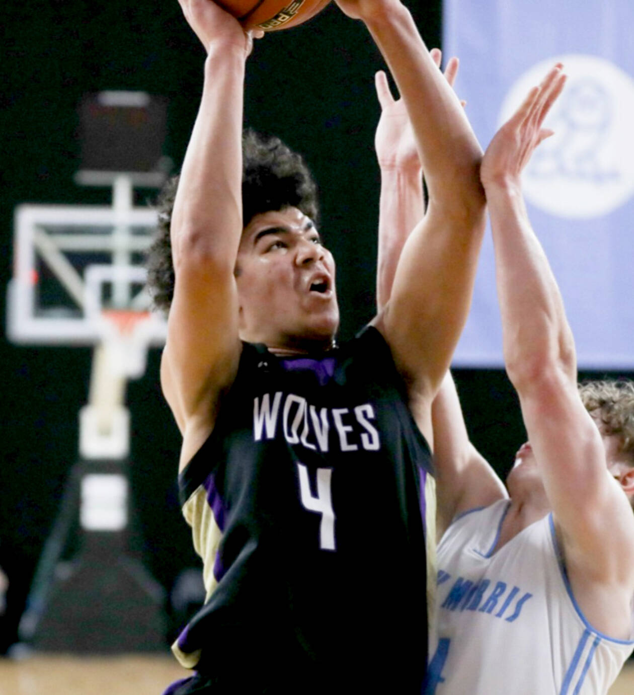 Photo by Dylan Wilhelm, Daily Chronicle/ Sequim’s Jericho Julmist goes up for a shot on March 5 against Mark Morris in the 2A State Tournament. He led the Wolves with 28 points.