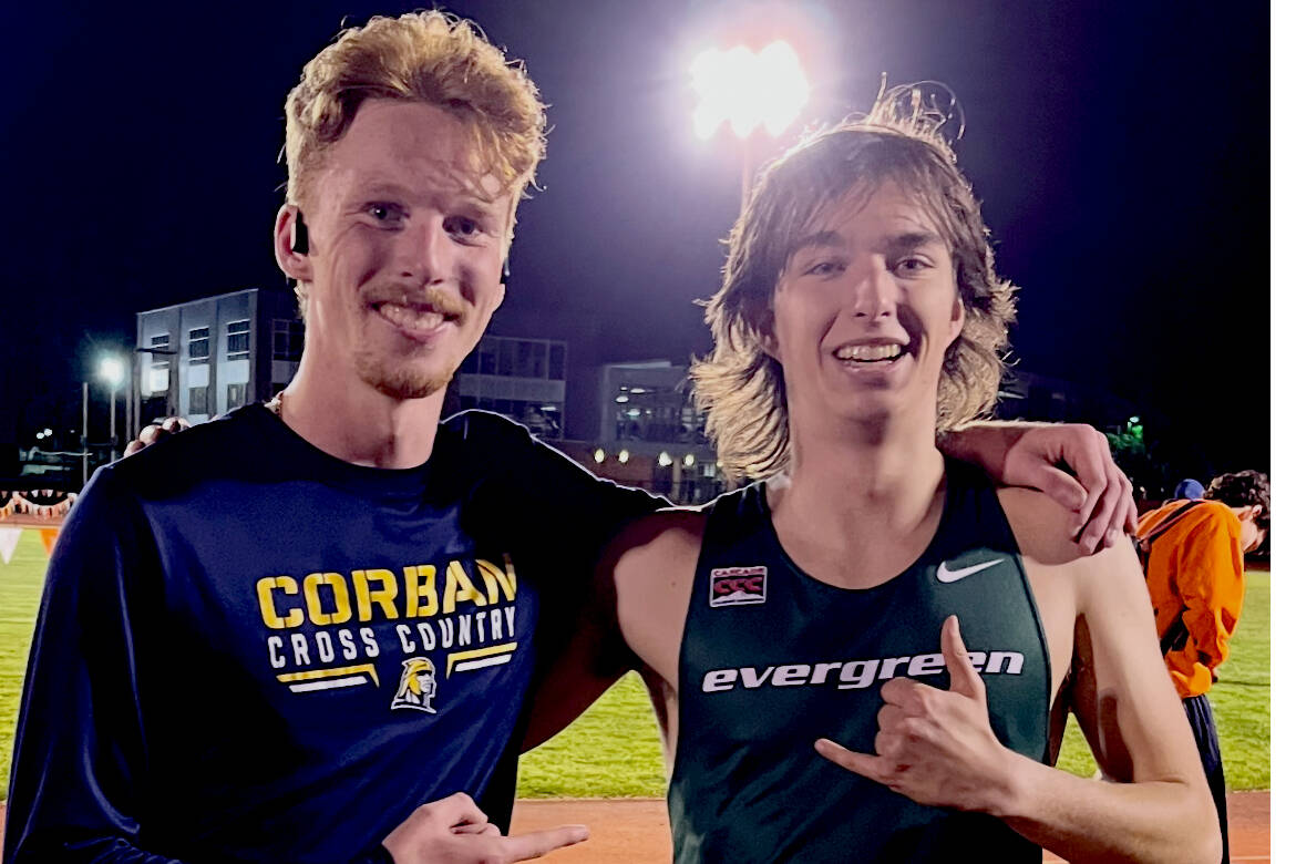 Port Angeles' Jack Gladfelter, left, and Max Baeder, competed this weekend at the John Knight Invitational in Monmouth Oregon. Gladfelter now runs for Corban University in Salem, Ore., and Baeder runs for The Evergreen State College. (Joe Gladfelter)