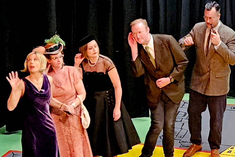From left, Mindy Gelder, Jessica McKenzie, Rebecca Maberry, Hayden Pomeroy and Randy Powell at a rehearsal of “Clue: On Stage.”