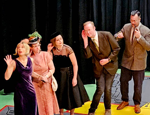From left, Mindy Gelder, Jessica McKenzie, Rebecca Maberry, Hayden Pomeroy and Randy Powell at a rehearsal of “Clue: On Stage.”