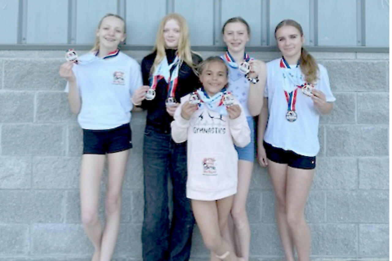 Klahhane gymnasts competed at the USA Gymnastics Xcel regionals last week in Salem, Ore., and brought back medals. From left are gymnasts Lorelei Sanders, Abigail Odland, Carly Mae Riggs, Elyse Brown and Raynee Ciarlo. (Klahhane Gymnastics)