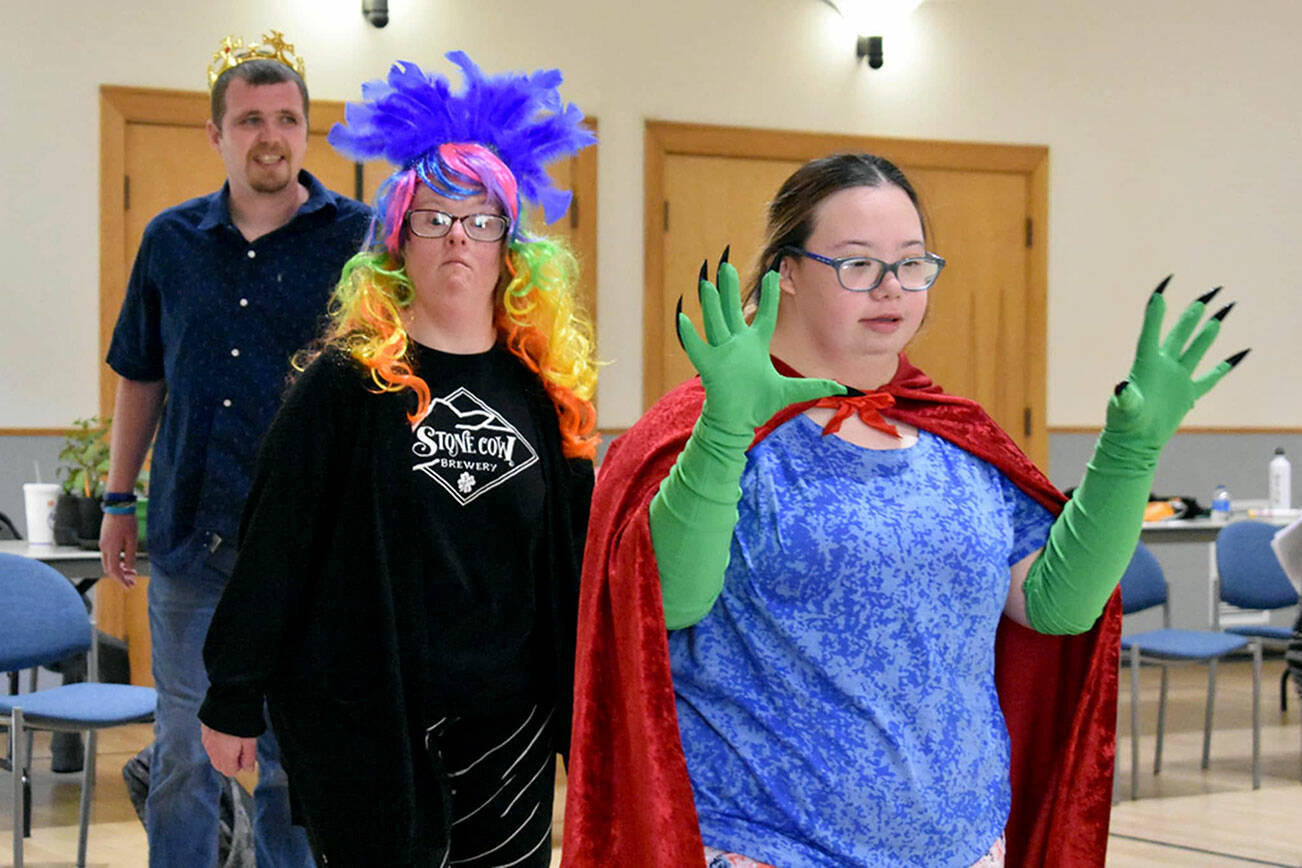 From left, Andrew Nichol of Sequim as Romeo, Ruth Brandt of Port Angeles as Caliban and Maddie Villa of Sequim as Sycorax during a rehearsal for “Something Like Shakespeare.” (Marissa Wilson LaJambe)
