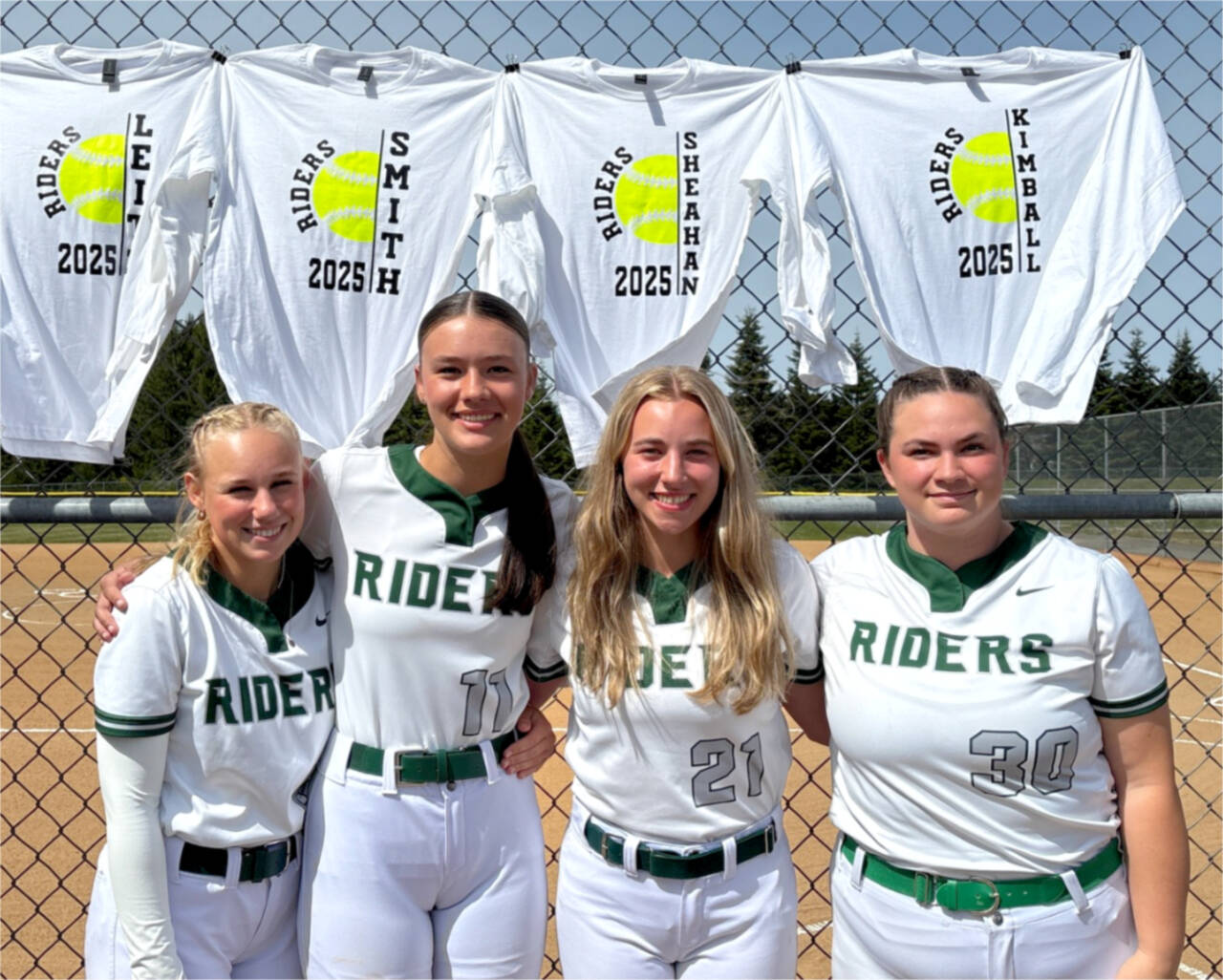 The Port Angeles softball team honored its seniors Friday at Dry Creek Elementary. From left, are Heidi Leitz, Lexie Smith, Ava-Anne Sheahan and Abby Kimball. (Courtesy of Morgan Worthington)