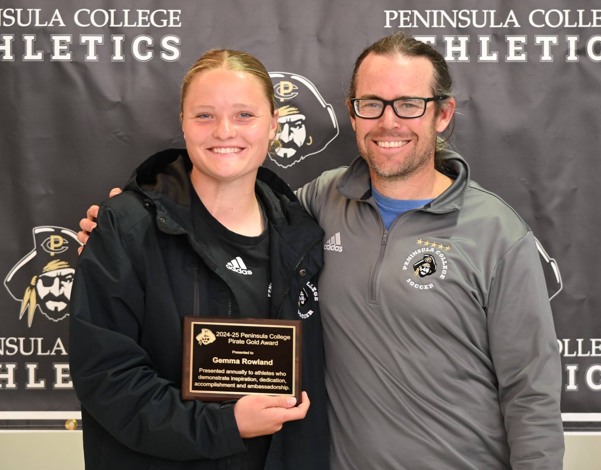 Gemma Rowland and Peninsula College women’s soccer coach Kanyon Anderson celebrate after Rowland was honored with the Wally Sigmar award for soccer. The award is given to those who exemplify leadership, athleticism, academics and citizenship. (Peninsula College Athletics)