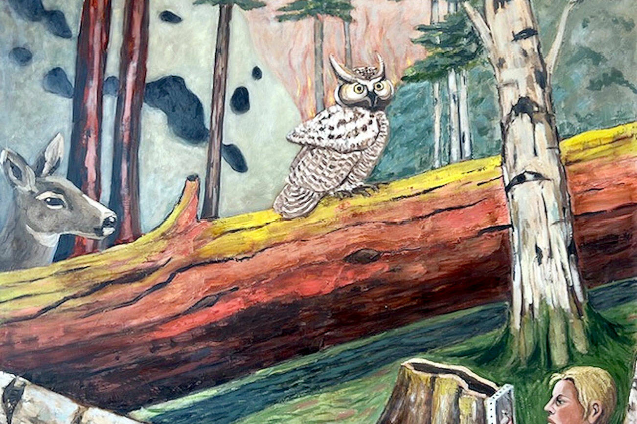 “Artist at Tamanowas” appears in Patricia Hagen’s one-woman show, “Into the Woods.” The exhibit, at Northwind Art’s Jeanette Best Gallery in Port Townsend, is designed to feel like a walk on a forest trail. (Patricia Hagen)
