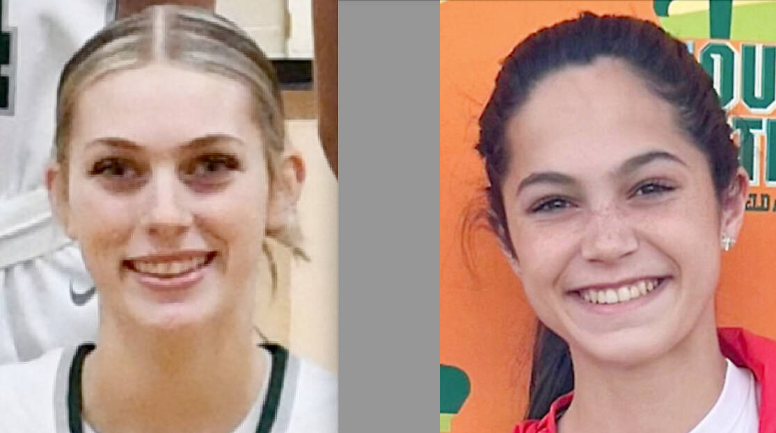 Port Angeles’ Teanna Clark, left, won the West Central District 3 title in the javelin while Sequim’s Clare Turella won the district championship in the high jump.