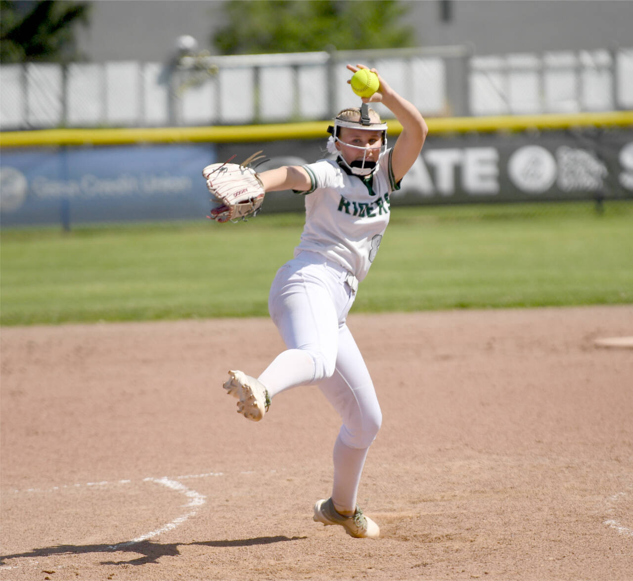 Port Angeles pitcher Heidi Leitz pitched a no-hitter and a perfect game during the state 2A tournament this weekend in Selah. She helped lead the Riders to the state championship game, which they lost 2-1 to Aberdeen. (Dan Rosenfield/Longview Daily News)