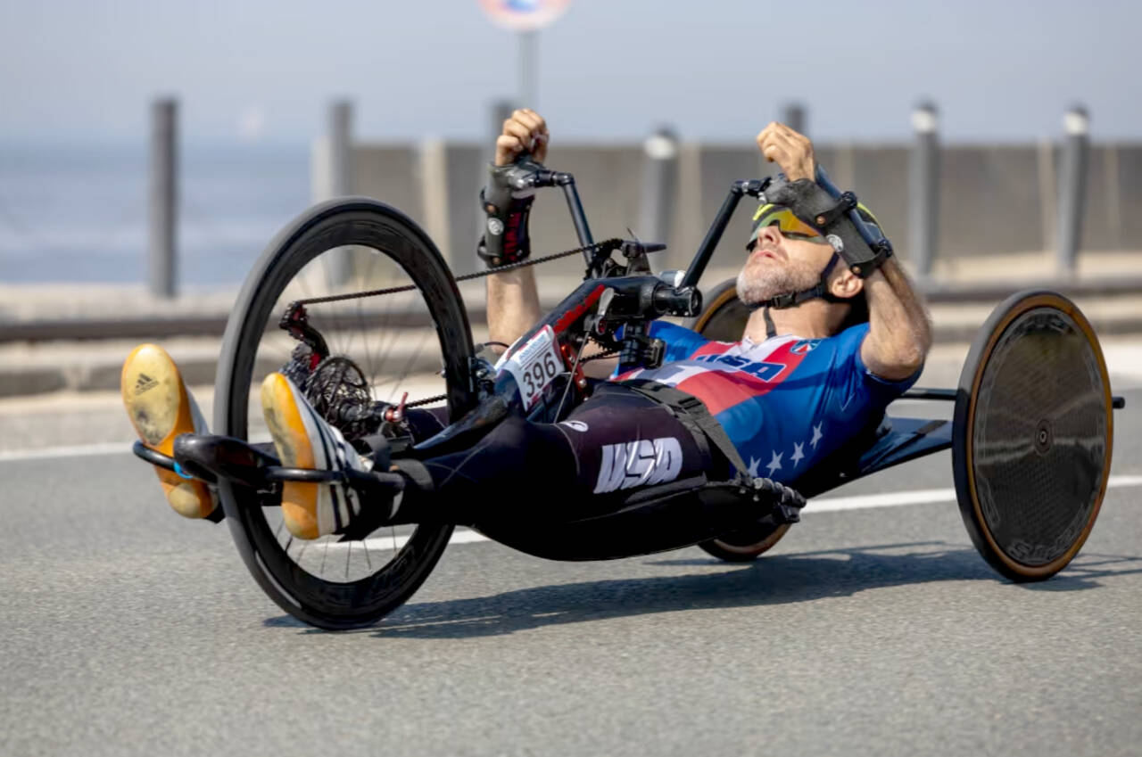 Port Angeles High School graduate Barry Wilcox competes in the 2025 World Cup in Belgium. He won all four races of the 2025 World Cup. (US Paralympics Cycling)