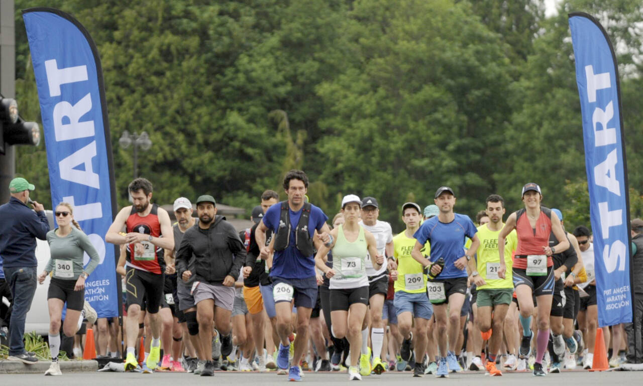 Runners take off at 7 Cedars Casino in Blyn during the start of the 2024 North Olympic Discovery Marathon. More than 2,200 people are signed up to compete in a variety of races this weekend as part of marathon weekend. (Michael Dashiell/Olympic Peninsula News Group)