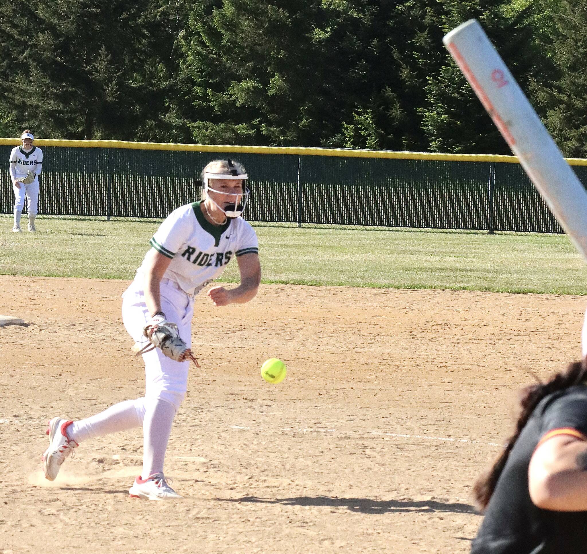Port Angeles pitcher Heidi Leitz struck out 194 batters this season, including 47 in six wins in the postseason. She also hit .405 on the season. She is moving on to play at St. Martin’s University. (Dave Logan/for Peninsula Daily New)