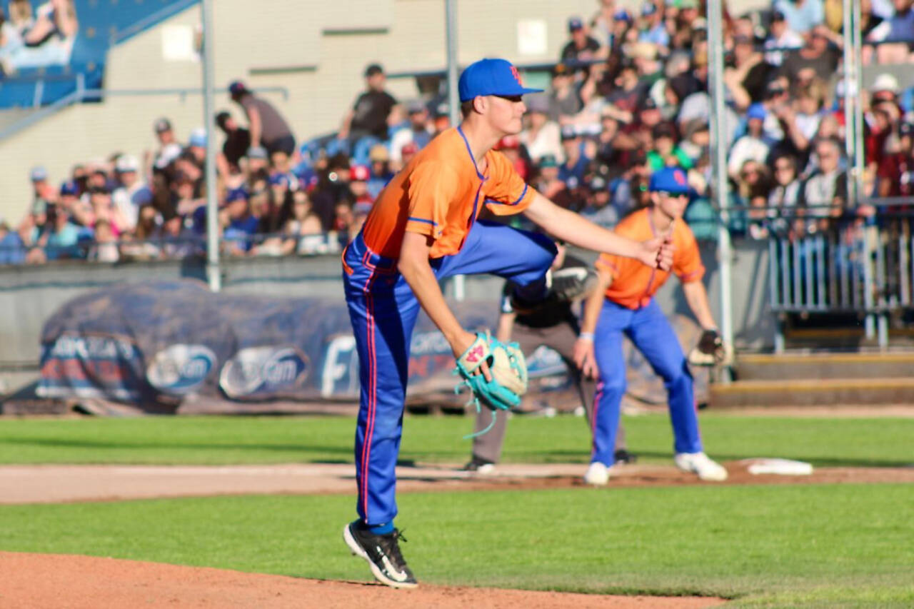 Port Angeles Leftie Ryan Rodriguez pitches Saturday night at Victoria’s Royal Athletic Park. He went three innings, allowing no runs and one hit. (Victoria News)
