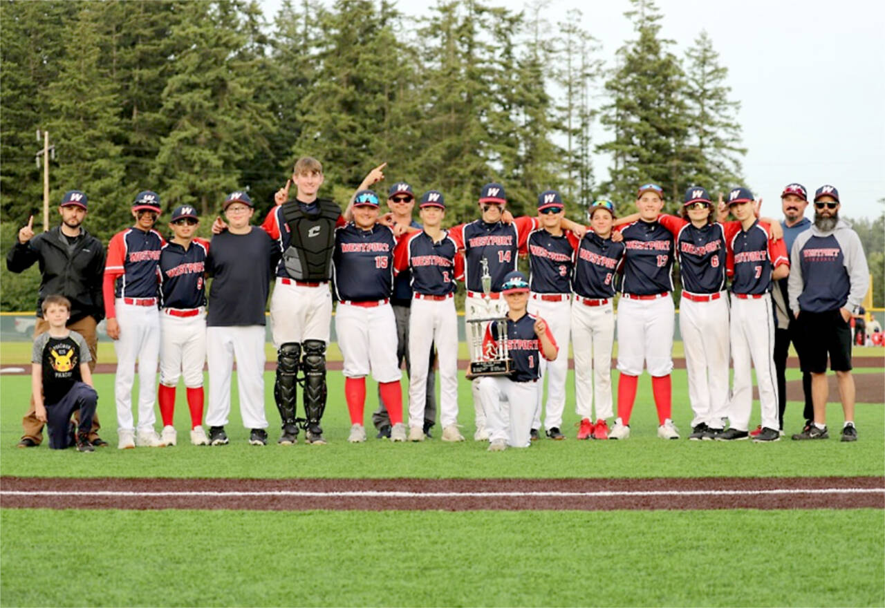 Westport won its second straight Olympic Junior Babe Ruth championship, beating Local 155 6-3 on Wednesday. Front row, on knee, is Kade Johnstad. Middle row, from left, is bat boy Hans, Tristan Konopaski, Kayden Morrison, Zach Clay, Abe Brenkman, Easton Prchal, Parker Pavlak, Lane Wilson, Noah Johnstad, Jay Lieberman, Easton Prchal, Aidan Smith, Dakota Morrison and assistant coach Jared Johnstad. Back row, from left, is assistant coach Nick Cannady, head coach Carey Pavlak and assistant coach Matt Prchal.
