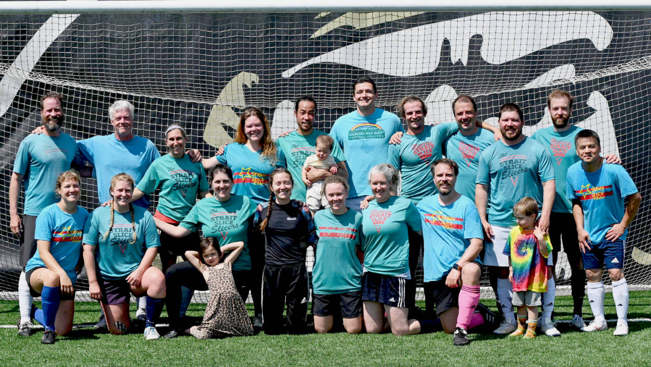 Strait Slice Pizza won the Peninsula Soccer League championship this weekend. From left, kneeling (not including children), are Kaye Thomas, Kelsey Kuhn, Beckie Lee, Mel Messineo, Taryn Asmus, Victoria Jones and Jack Waknitz. From left, standing, are Sam Havens, Ian Miller, Christine Loewe, Alli Roth, Aaron Lee, Kyle Henderson, Jimmy Quigley, Luke Strong-Cvetich, Zach Gray, Isaiah Jindrich and Minh Pham-Bui.