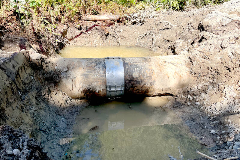 An encapsulated engineered coupler used to repair a January leak. The leak occurred along a similar welded joint near to the current leak. (City of Port Townsend)