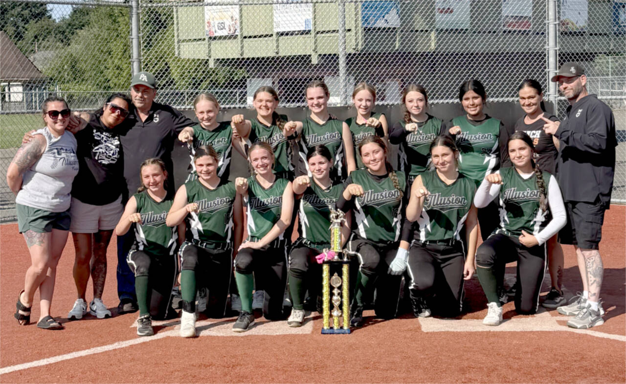 The Port Angeles Illusion fastpitch softball team won the 14U C state championship Sunday by beating the Bonney Lake Firecrackers 13-3 in the title game. From left, top row, are Jenessa Balch, assistant coach Leeah Faris, coach Warren Stevens, Teyah Elofson, Riley Nichols, Brooklyn Rondeau, Misty McNeely, McKenna Cox, Sophia Calderon, Britney Rowland and Greg Faris. From left bottom row, are Ayla Balch, Kylin Weitz, Alexia Fuller, Mattie Messenger, Tyann Connary, Kailyn Crowder and Pearl Salazar.
