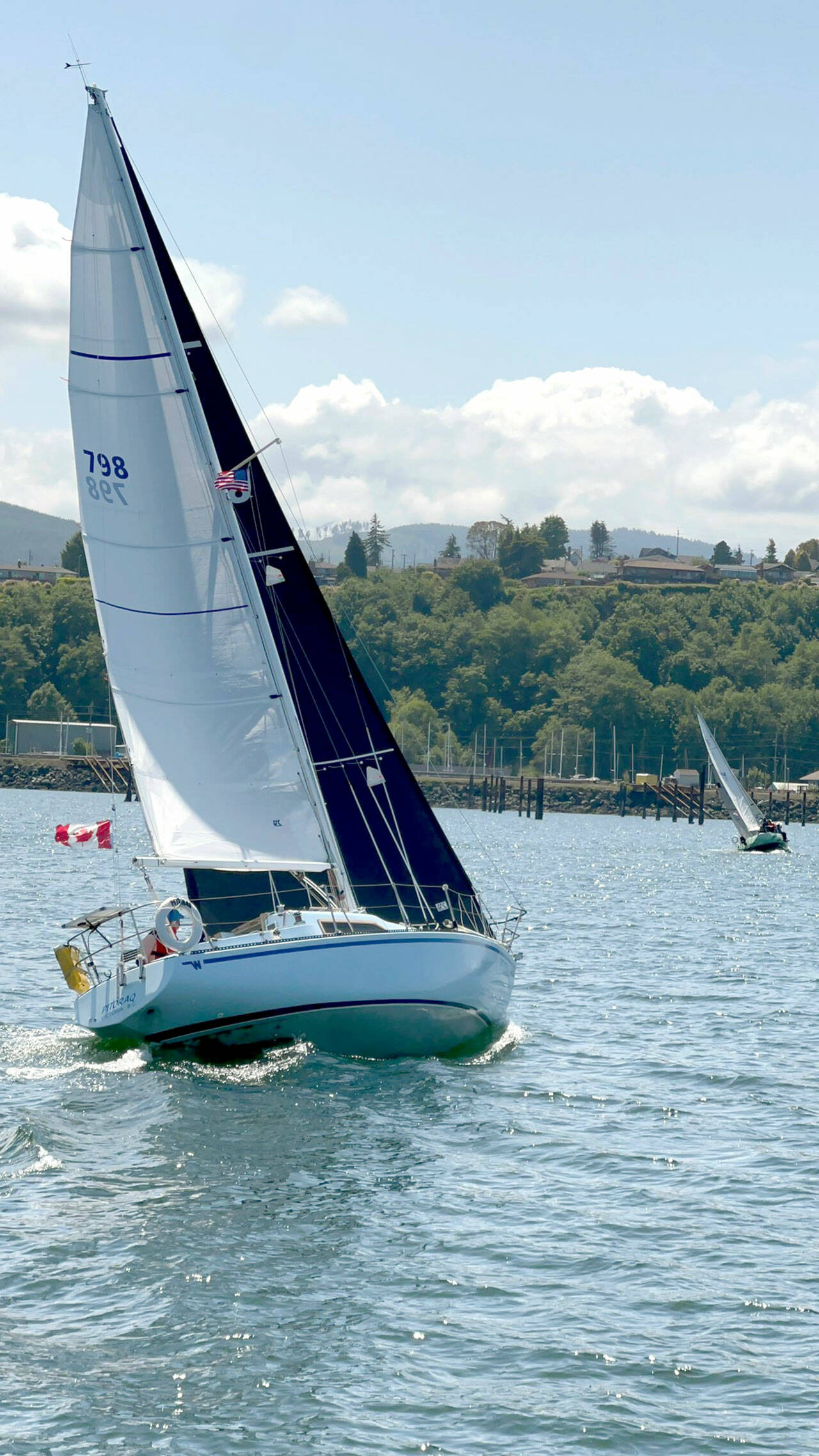 Photo by Karen O’Donnell Hands Across the Water International Yacht Race participants finish the Victoria-to-Port Angeles portion of the race in Port Angeles Harbor last Saturday.