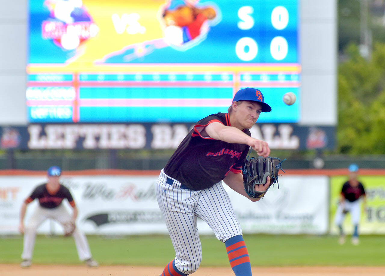 KEITH THORPE/PENINSULA DAILY NEWS Leftiies pitcher Liam Karson throws in the first inning against Kelowna on Thursday at Port Angeles Civic Field.