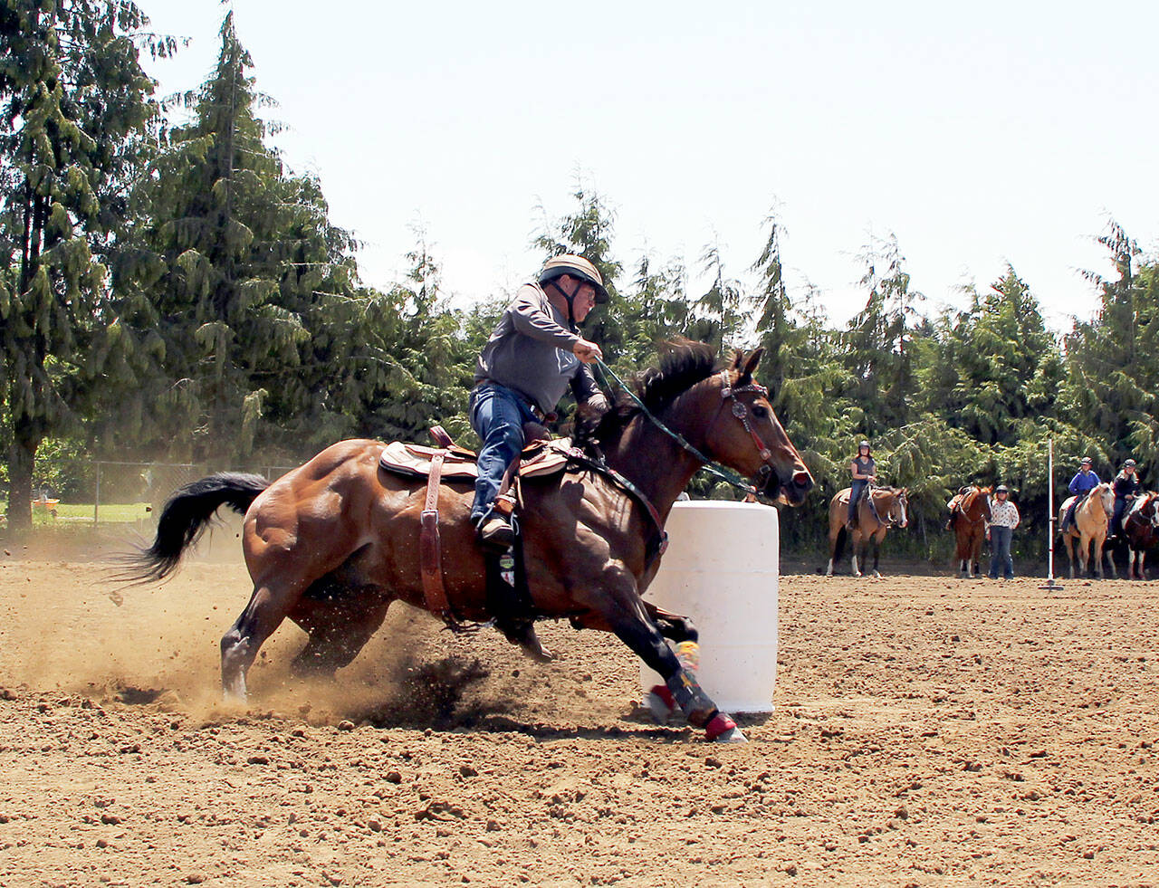 Photos by Karen Griffiths
Top: Earlier this month, Patterned Speed Horse Super Senior Division rider Sam Parks, 74, on Ed, finished the barrel race in just 15.08 seconds at the Crosby arena, 122 Franson Road in Agnew. The next show there will be July 5-6. Bottom: 4L arena belt buckle awards.