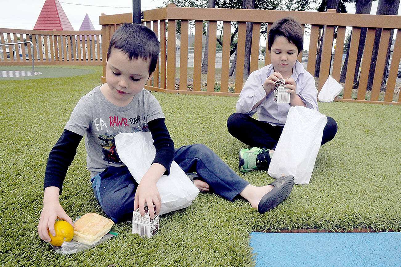 Eragon Terry, 7, left, and his brother, Raphael Terry, 11, both of Port Angeles, sort the contents of free lunch bags received through the Summer Food Service Program on Wednesday at the Dream Playground at Erickson Playfield in Port Angeles. The program, administered by the Boys & Girls Clubs of the Olympic Peninsula, provides free meals to all youngsters younger than 18 Monday through Friday at 11 locations in Port Angeles and Sequim. About 250 meals per day are available at the Dream Playground, the Boys & Girls Club’s Turner Unit, Jefferson Elementary School, Shane Park and Evergreen Family Village in Port Angeles, as well as the Boys & Girls Club’s Carroll C. Kendall Unit, Greywolf Elementary School, Carrie Blake Park, Elk Creek Apartments, Mountain View Court Apartments and SeaBreeze Apartments in Sequim. (Keith Thorpe/Peninsula Daily News)