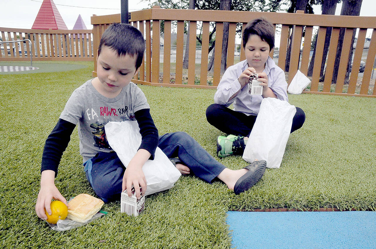 Eragon Terry, 7, left, and his brother, Raphael Terry, 11, both of Port Angeles, sort the contents of free lunch bags received through the Summer Food Service Program on Wednesday at the Dream Playground at Erickson Playfield in Port Angeles. The program, administered by the Boys & Girls Clubs of the Olympic Peninsula, provides free meals to all youngsters younger than 18 Monday through Friday at 11 locations in Port Angeles and Sequim. About 250 meals per day are available at the Dream Playground, the Boys & Girls Club’s Turner Unit, Jefferson Elementary School, Shane Park and Evergreen Family Village in Port Angeles, as well as the Boys & Girls Club’s Carroll C. Kendall Unit, Greywolf Elementary School, Carrie Blake Park, Elk Creek Apartments, Mountain View Court Apartments and SeaBreeze Apartments in Sequim. (Keith Thorpe/Peninsula Daily News)