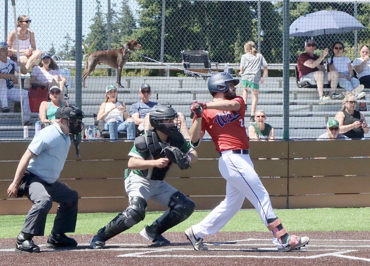 Wilder Senior’s Kody Williams takes a big cut against Lakeside Elite at Volunteer Field on Sunday. The seniors won 6-1. (Dave Logan/for Peninsula Daily News)