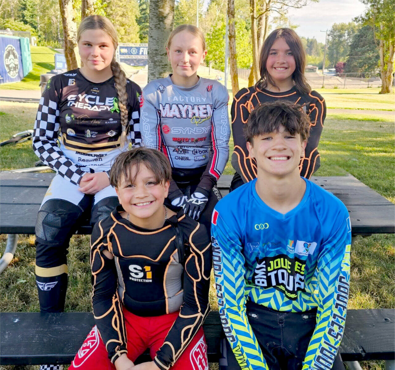 From left, back row, are Kylin Weitz, Teyah Elofson-Cross, Elinor Christensen. From left, front row, are Warren Christensen and Wyatt Christensen. (Lincoln Park BMX)