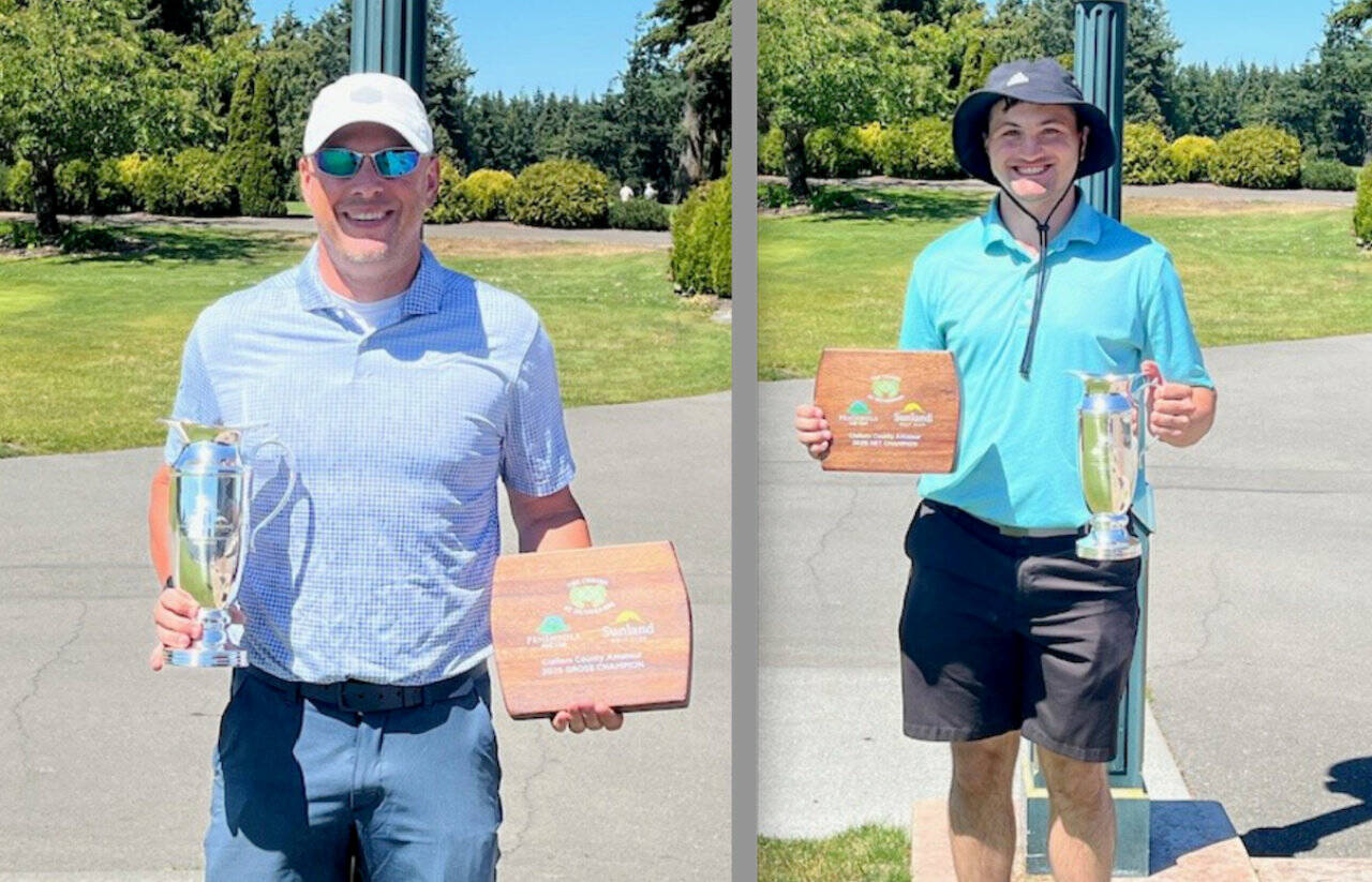 Left, Renton’s Justin Johnson won the Clallam County Amateur gross division by 12 strokes. Right, Jack Revier won the Clallam County Amateur three-day golf tournament by one stroke. (Chad Wagner)
